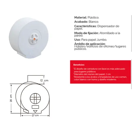 Dispensador para Papel Higiénico Jumbo Plástico ADB6207 Blanco In Voga